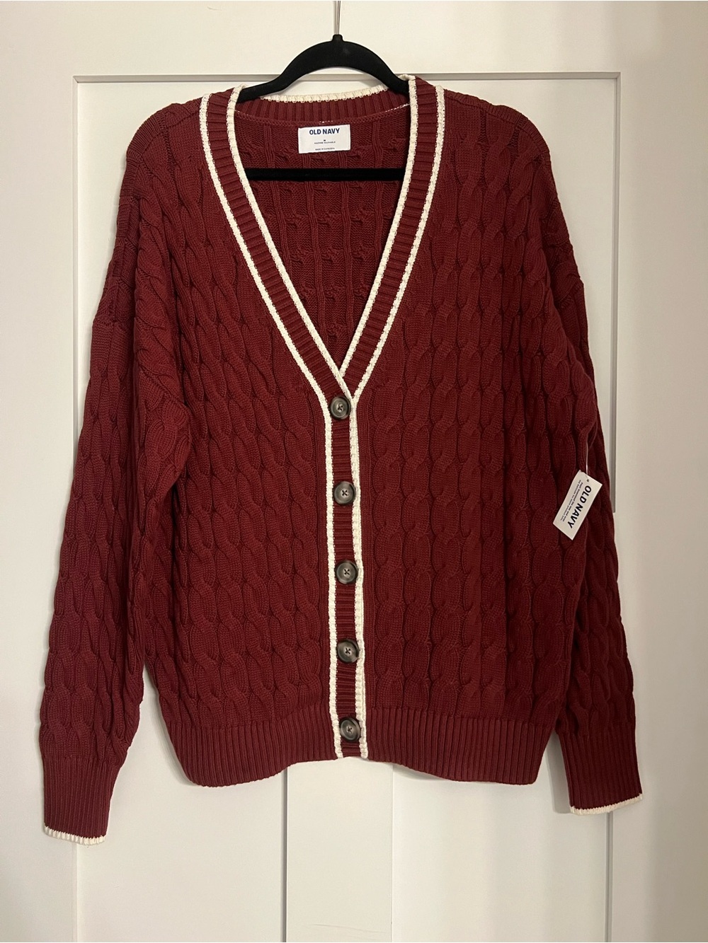 Old Navy Cable-Knit Button Cardigan in Deep Red with Cream Trim